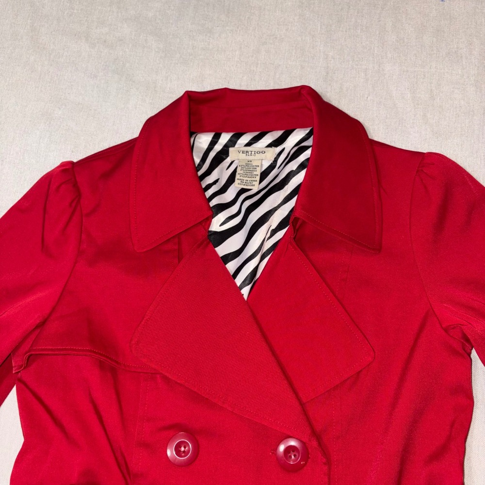 Vertigo Paris Red Double Breasted Trench Coat Zebra Lining size XS Belted Jacket - Picture 2 of 8